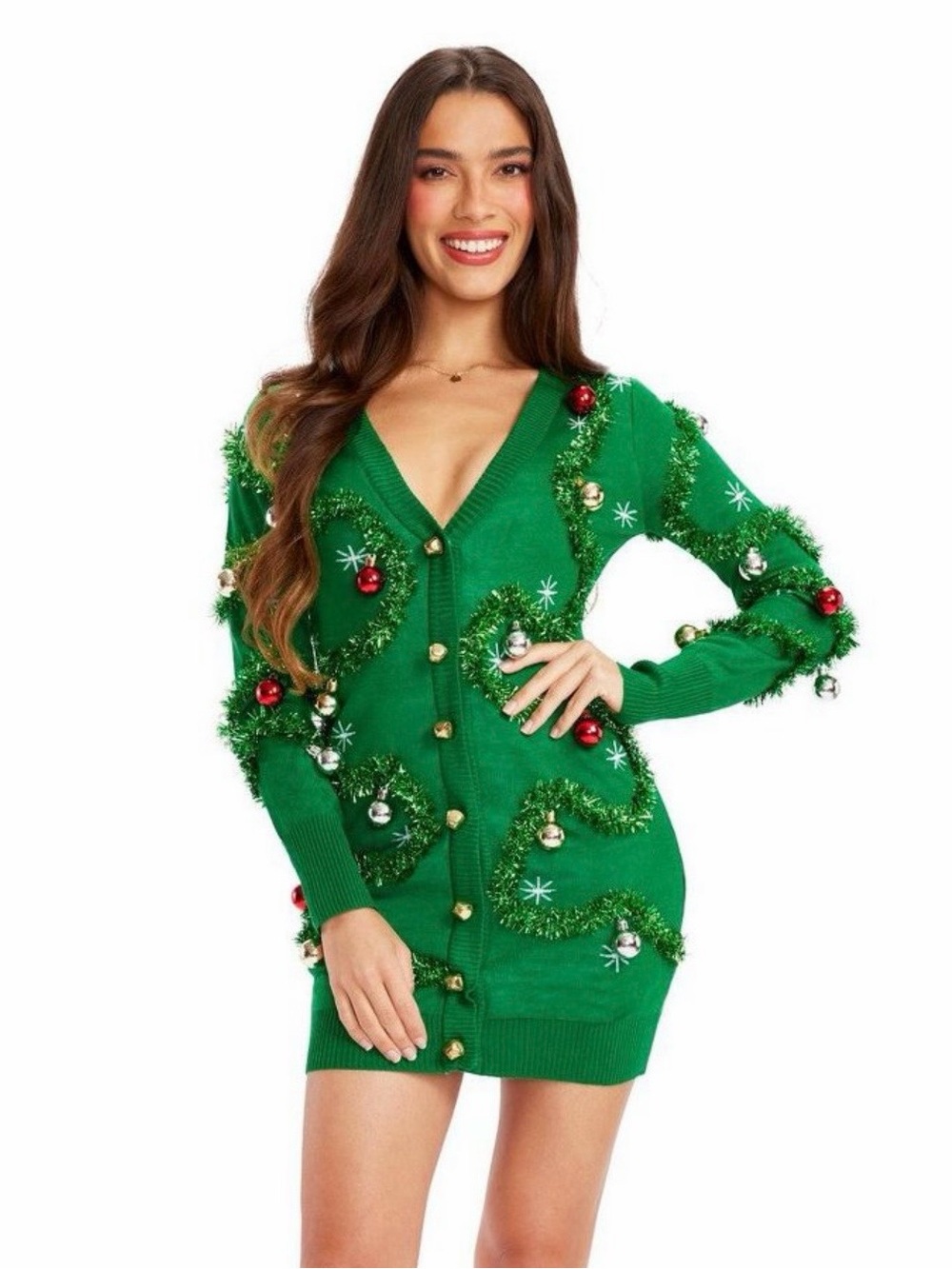 Tipsy Elves Emerald Green Tinsel-Trim Holiday Cardigan